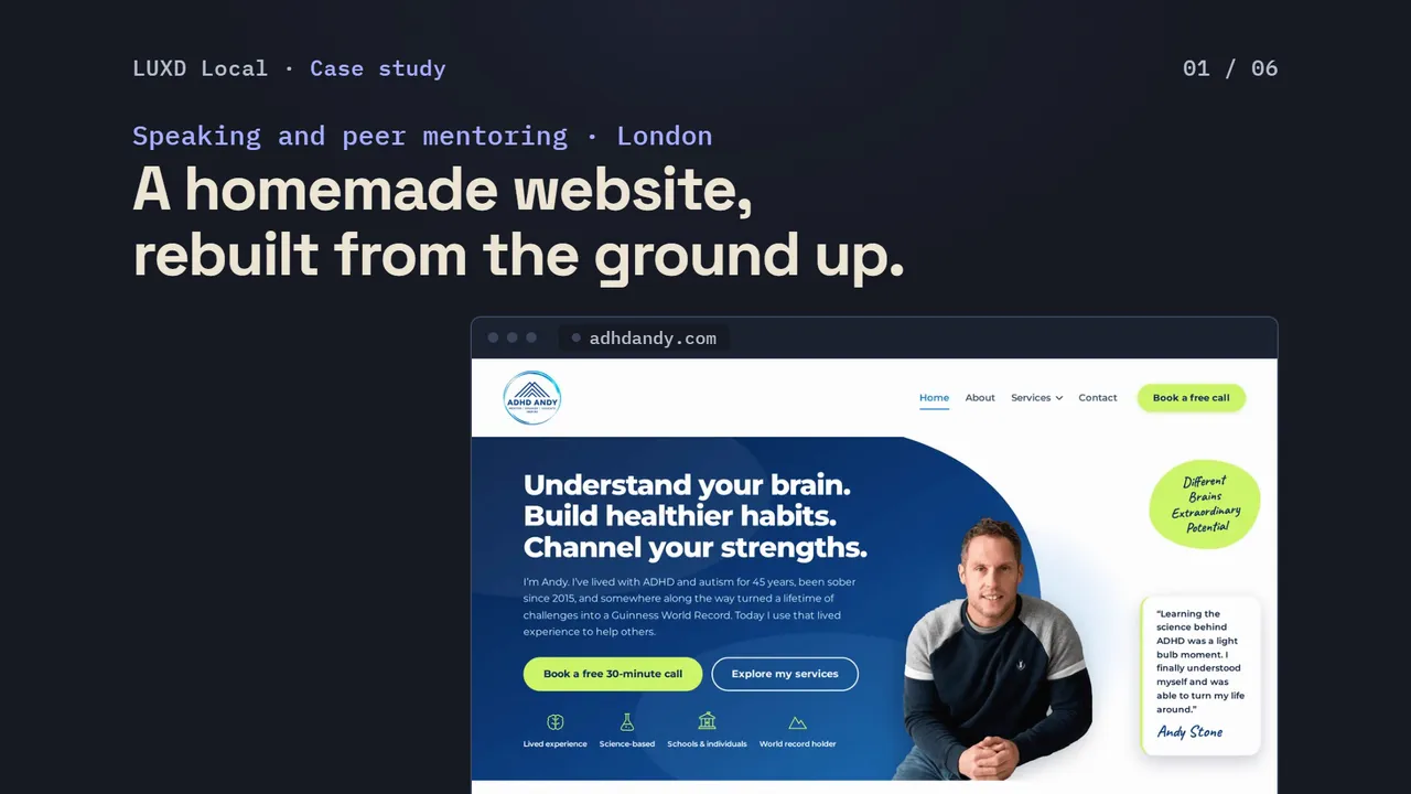 The opening frame: the headline “A homemade website, rebuilt from the ground up.” above the live ADHD Andy home page.